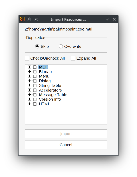 Screenshot of a Resource Hacker dialog asking which resources it should import